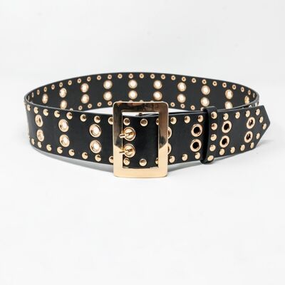 Waist square buckle belt in black with gold eyelets