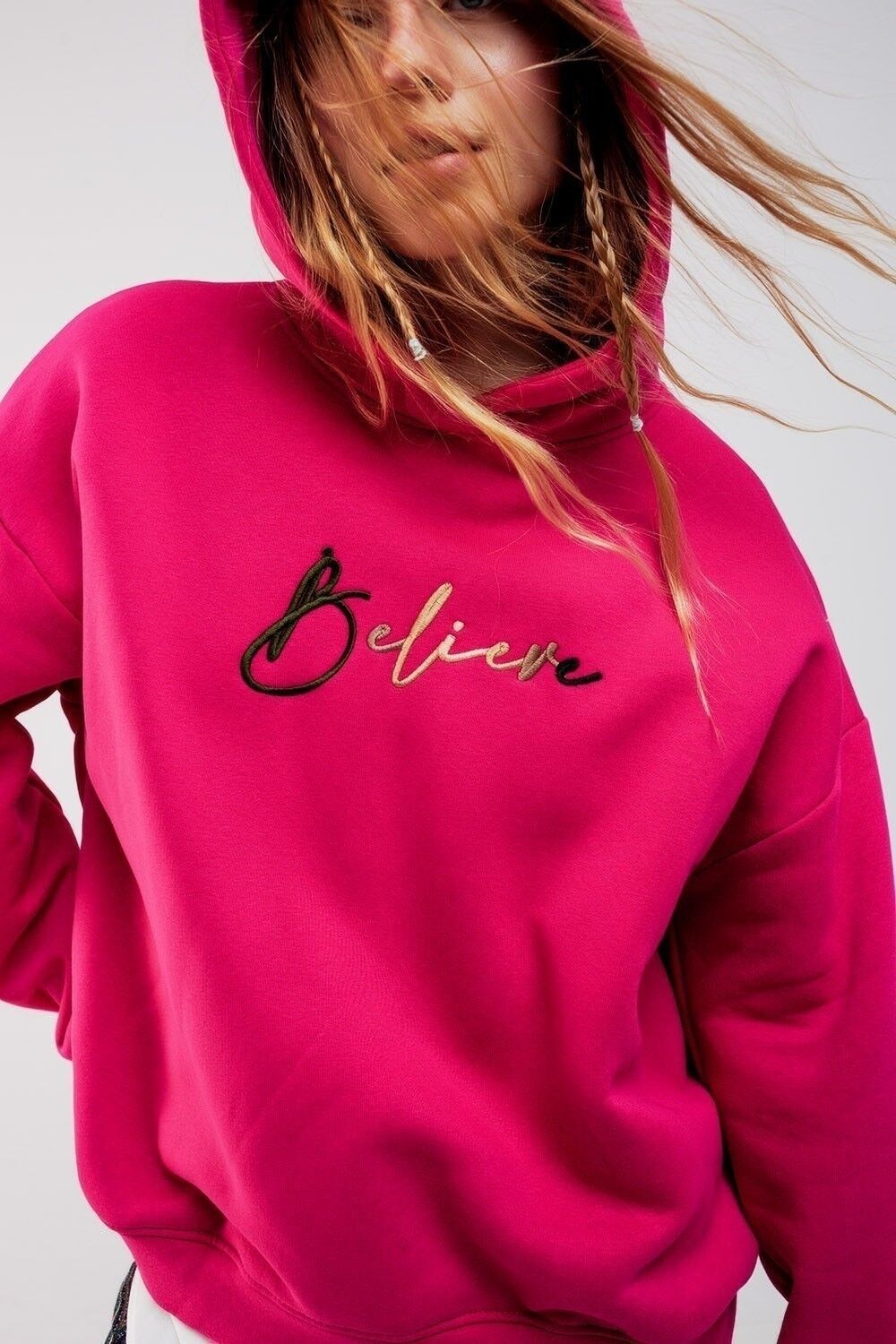Believe felpa con cappuccio oversize in fucsia