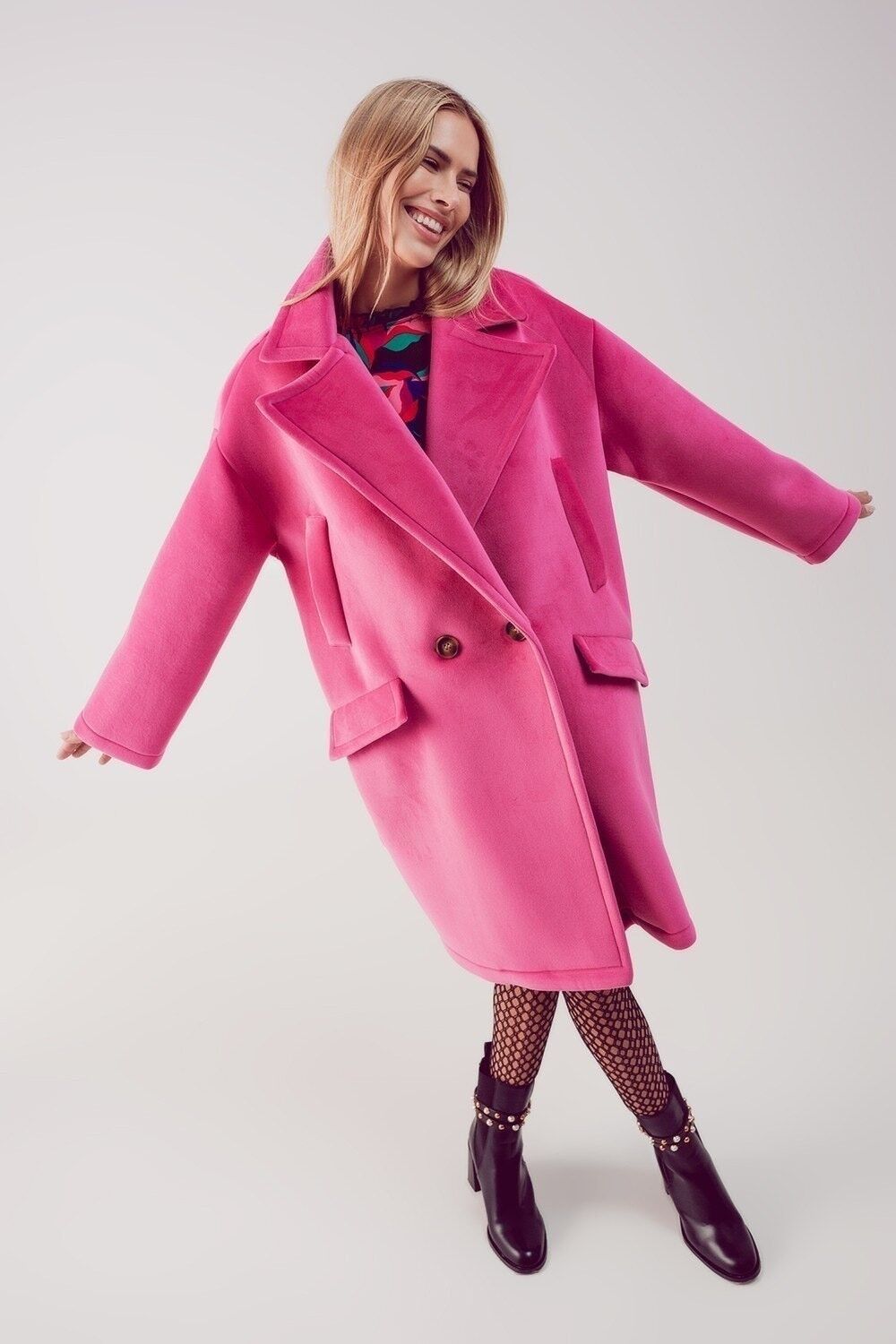Cappotto oversize in finto camoscio fucsia