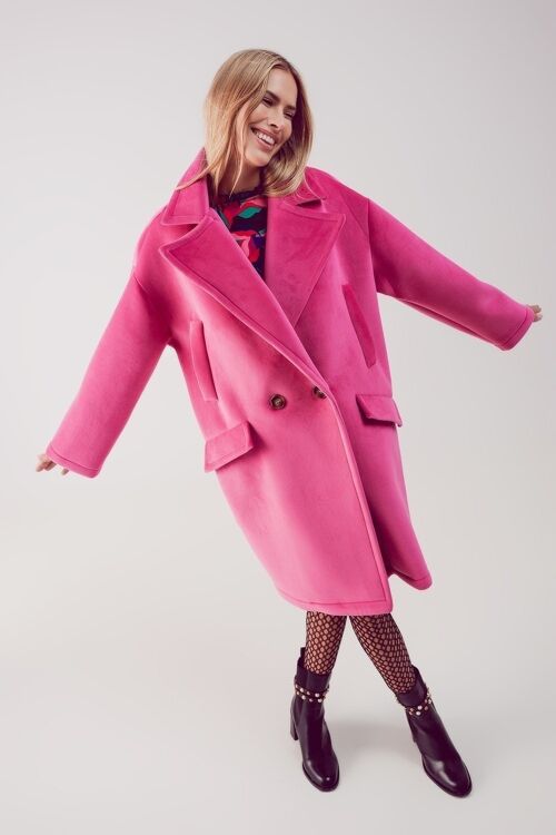 Faux suede oversized coat in fuchsia