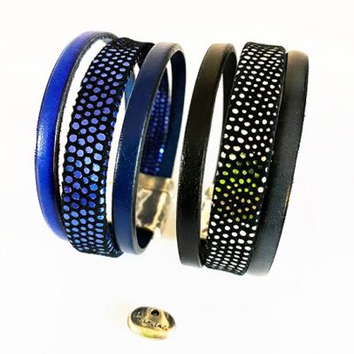 Bracelet manchette cuir bleu ou noir effet brillant