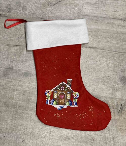 Chaussette de Noël personnalisée - Botte de Noël rouge décorée avec prénom - New - Maison pain d'épice