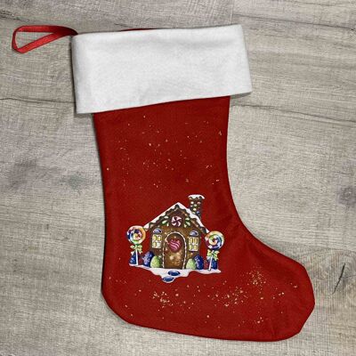 Personalized Christmas sock - Red Christmas boot decorated with first name - New - Gingerbread house