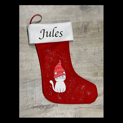 Calcetín navideño personalizado - Bota navideña roja decorada con nombre - Gato navideño