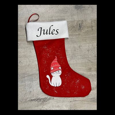 Chaussette de Noël personnalisée - Botte de Noël rouge décorée avec prénom - Chat de Noël