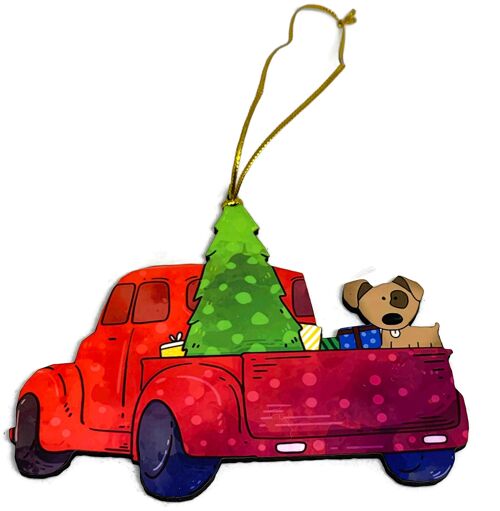 Deux Ornements de Noël avec camion rouge et chien- New - Chien marron