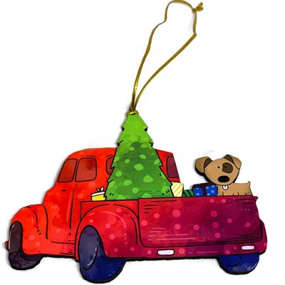 Two Red Truck and Dog Christmas Ornaments - New - Brown Dog