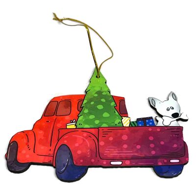 Two Red Truck and Dog Christmas Ornaments - New - Gray Dog