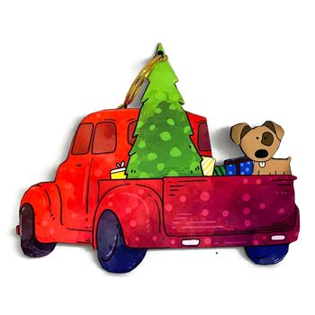 Deux Ornements de Noël avec camion rouge et chien- New - Chien gris 3