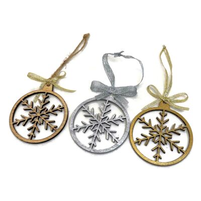 Three Wooden Christmas Snowflake Decorations - New - Natural