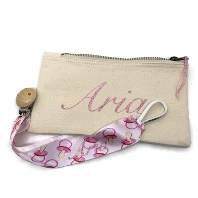 Attache tétine rose et sa pochette personnalisée - Enfant - Pochette et accroche tétine - Avec prénom