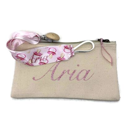 Pink pacifier clip and its personalized pouch - Child - Pouch only