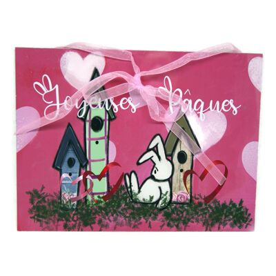 Plaque rose avec lapin personnalisée - Pâques - Décoration maison - Joyeuses Pâques - Avec ruban