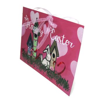 Plaque rose avec lapin personnalisée - Pâques - Décoration maison - Joyeuses Pâques - Sans ruban 3