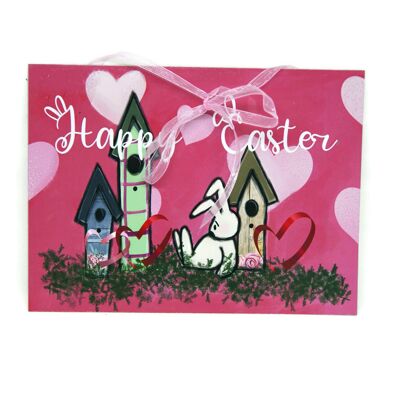 Personalized Rabbit Pink Plaque - Easter - Home Decor - Happy Easter - With Ribbon