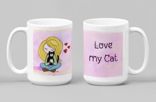 Mug rose avec jeune femme et chat  personnalisé - Vaisselle