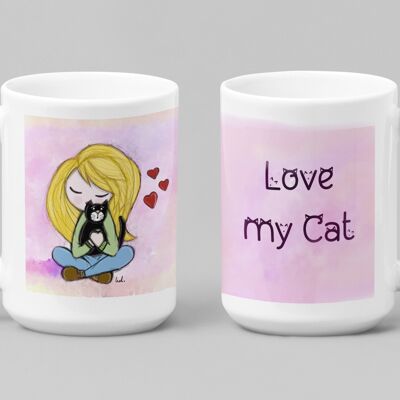 Rosa Tasse mit junger Frau und personalisierter Katze - Geschirr