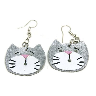 Boucles d'oreilles chat gris en cuir - Bijoux