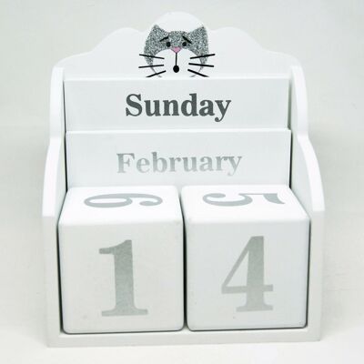 Perpetual calendar white wood and cat - office items - glittery gray cat