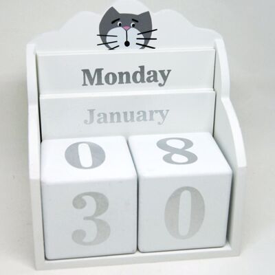 Perpetual calendar white wood and cat - office items - dark gray cat