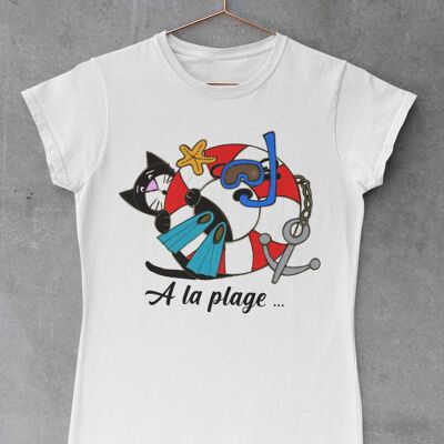 Camiseta mujer gato en la playa - verano