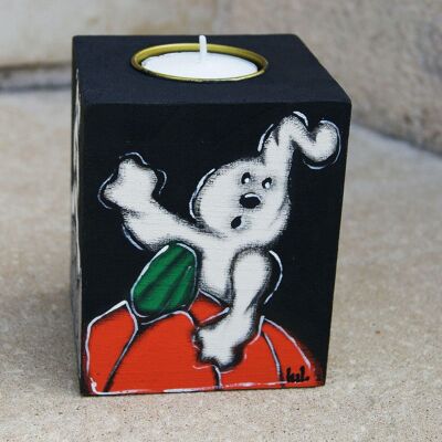 Hölzerner Teelichthalter bemalt mit Gespenst - Halloween - Kerze