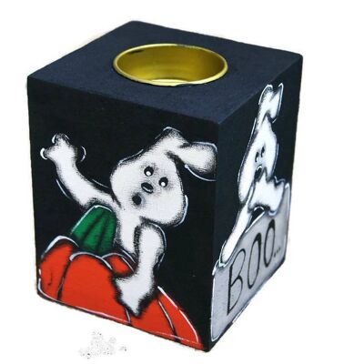 Portacandele in legno dipinto con fantasma - Halloween - Candela elettrica