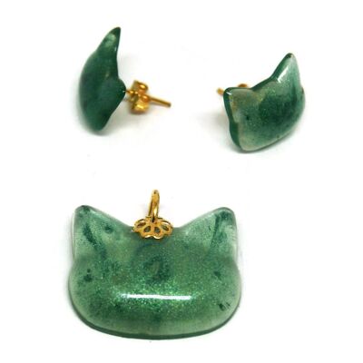 Halskette und Ohrringe mit Katze - Schmuck - Halskette - Grün
