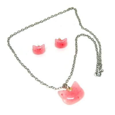 Halskette und Ohrringe mit Katze - Schmuck - Halskette und Ohrringe - Pink