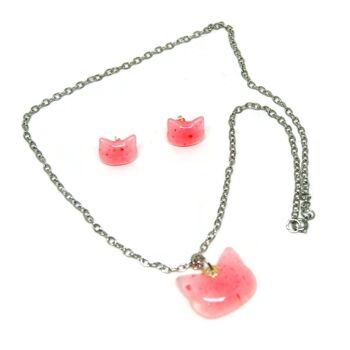 Collier et boucles d'oreilles chat - Bijoux - collier et boucles - Rose 1