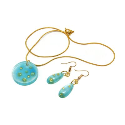 Blue jewelry set and golden shells - summer - necklace and earrings