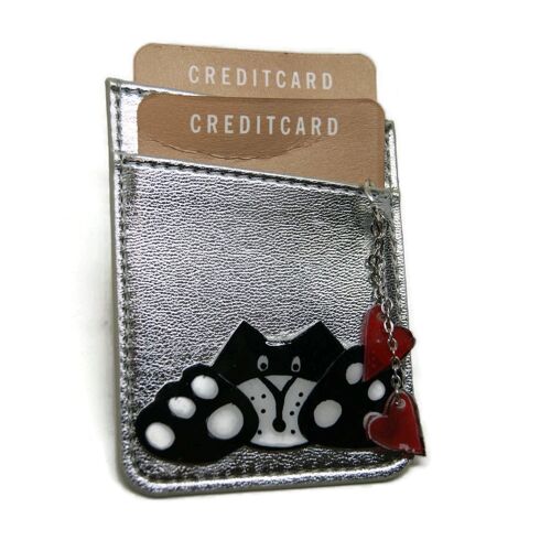 Porte carte bancaire en cuir argent avec chat - Sacs et pochettes