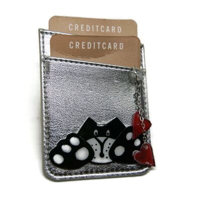 Kreditkartenetui aus silbernem Leder mit Katze - Taschen und Beutel
