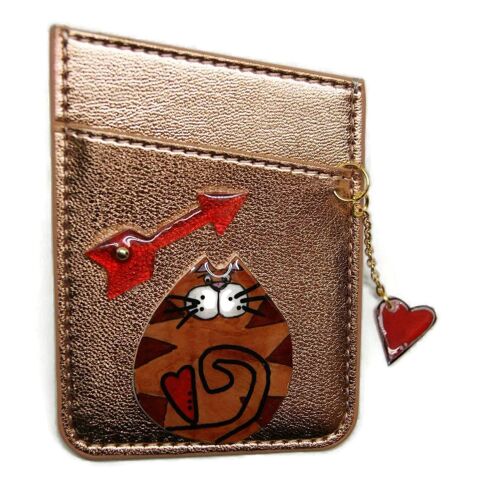 Porte carte CB en cuir or rose avec chat roux - Sacs et pochettes