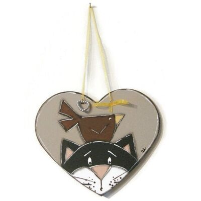 Door plate Heart with cat - Painted wood