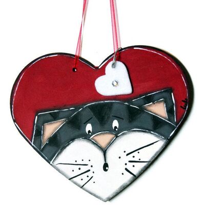 Coeur rouge avec chat tigré gris - Décoration maison