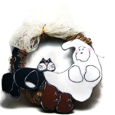 Black Cat and Ghost Halloween Wreath
