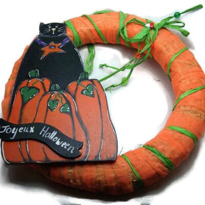 Couronne d'halloween avec chat noir et citrouilles