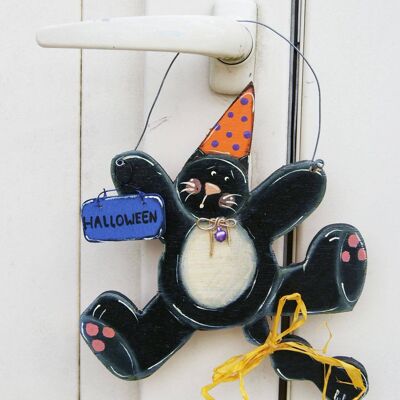 Plaque de porte chat noir d'Halloween - Jaune - avec mini pancarte
