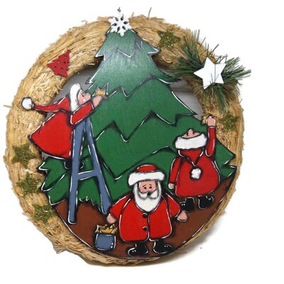 Door wreath with Christmas tree and Santas
