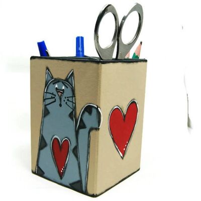 Portalápices con gato gris - Material de oficina