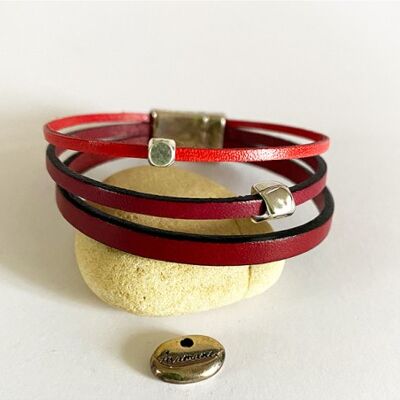 Bracelet multilien cuir brun ou rouge avec perles métal argenté
