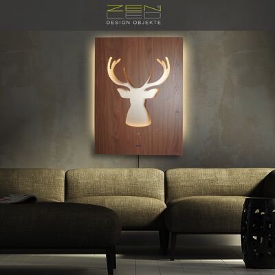 Mural LED cabeza de ciervo asta modelo "Cervo", imagen iluminada en 3D 60x80cm, decoración de pared de metal de madera rústica en aspecto de madera marrón nogal sobre placa de aluminio cepillado en champán, escultura de luz iluminada, estilo campestre