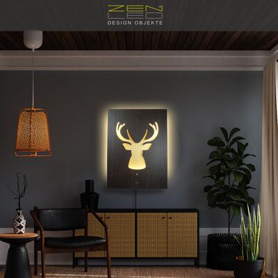 LED mural deer head antler model "Cervo", 3D illuminated image 60x80cm, rustic wood metal wall decoration in walnut black wood look on brushed aluminum plate in gold, illuminated light sculpture, country style