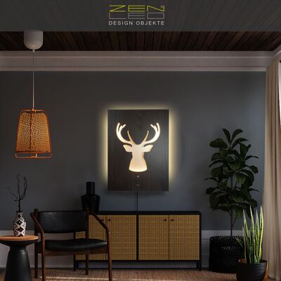 Mural LED astas de cabeza de ciervo modelo "Cervo", imagen iluminada en 3D 60x80cm, decoración de pared de metal de madera rústica en aspecto de madera de nogal negro sobre placa de aluminio cepillado en champán, escultura de luz iluminada, estilo casa de campo