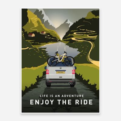 Goditi la stampa artistica di The Ride Mountain Bike con il camper T5 VW
