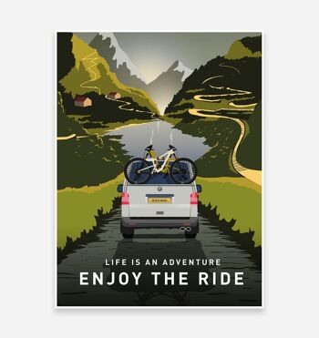Enjoy The Ride Mountain Bike Art Print avec T5 VW Camper Van 1