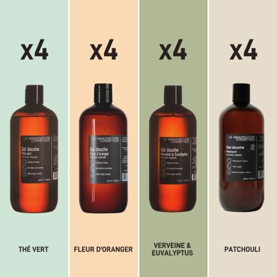 Set of 12 4x4 shower gels - mix of 4 Ecocert certified fragrances