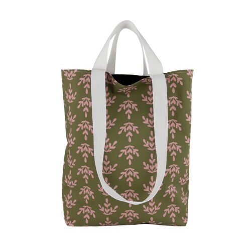 Olive green eco-friendly reusable market tote bag with retro floral print, Washable tote for nature lovers