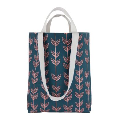 Blue washable shopping tote bag with retro print, Gift for florists, flower lovers, gardeners